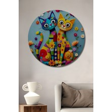 Teona Ahşap Renkli Kedi ve Çiçekler Yağlı Boya Görünümlü Ahşap Dekoratif Tablo Yuvarlak Tablo