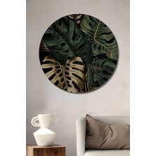 Teona Ahşap Altın Yapraklı Tropikal Yapraklar Yağlı Boya Görünümlü Ahşap Dekoratif Tablo Yuvarlak Tablo