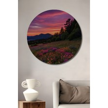 Teona Ahşap Muhteşem Çiçek Tarlası Gün Batımı Yağlı Boya Görünümlü Dekoratif Ahşap Tablo Yuvarlak Tablo