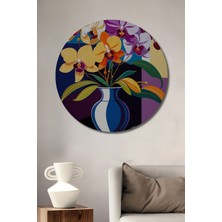 Teona Ahşap Renkli Orkide Çiçekleri Yağlı Boya Görünümlü Ahşap Dekoratif Tablo Yuvarlak Tablo