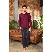 Aydoğan Lodos Store Erkek Uzun Kollu Patlı Termal Pijama Takımı Çizgili Bordo