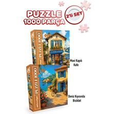 Neverland 2 Adet 1000 Parça Puzzle -Mavi Kapılı Kafe ve Deniz Kıyısında Bisiklet