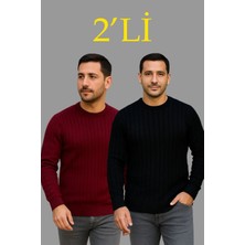 Silerra Erkek Fitilli Triko Kazak 2’li Set – Siyah & Bordo, Kalın Dokuma Pamuklu Regular Fit Bisiklet Yaka Uzun Kollu Rahat Kışlık Kazak Kombini