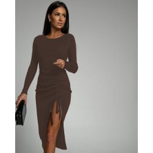 Moderie Butik Kadın Uzun Kollu Yandan Büzgülü Yırtmaç Detay Kaşkorse Midi Boy Elbise