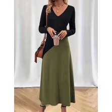 Moderie Butik Kadın Uzun Kollu V Yakalı Blok Desenli Viskon Elbise