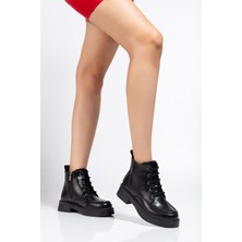 Ellolita Luxury Shoes 02-2001 Siyah Kırışık Rugan Bağcıklı Fermuarlı Günlük Kadın Bot