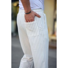 Erkek Cizgili Dokuma Krep Jogger Buggy Pantalon Rahat Kalıp - Beyaz