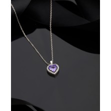 Erdobia 925 Ayar Ametist Taşlı Rodyum Pırlanta Görünümlü Kalp Gümüş Kolye