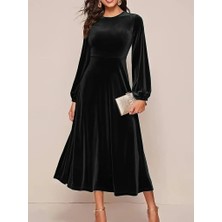 Moderie Butik Kadın Uzun Kollu Bisiklet Yaka Midi Kadife Elbise