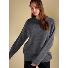 People By Fabrika Bisiklet Yaka Oversize Düz Gri Melanj Kazak Kadın PBF5WL-KZK9530