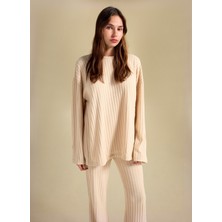 People By Fabrika Bisiklet Yaka Loose Fit Armürlü Bej Kazak Kadın PBF5WL-KZK9529