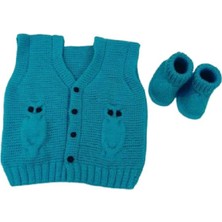 Baykuş Modeli Örgü Mavi Renk Bebek Yeleği ve Patiği