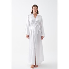 Modaserdem  Kadın Uzun Beyaz Saten Sabahlık