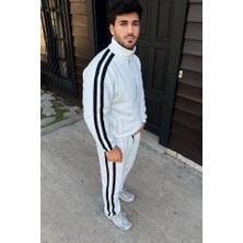 Moderie Butik Erkek Çift Şeritli Eşofman Takım Dik Yaka Fermuarlı Sweatshirt Boru Paça Alt, Oversize 3 Iplik Pamuklu - Beyaz