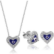 Gumush Hk Gümüş Kadın Set Nazarlı Kalp |Gümüş Takı Hediyelik Ürünler