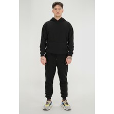 Souris Erkek Siyah Eşofman Takımı Rahat Kesim 3 Iplik Şardonlu Kapüşonlu Ipli Ribana Bel