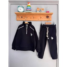 Şardonlu Siyah Slim Fit Çocuk Takımı – Yarım Fermuarlı Sweatshirt & Jogger Alt