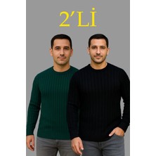 Velmora Fashion Erkek Fitilli Triko Kazak 2 Li Set - Siyah & Haki, Kalın Dokuma Pamuklu Regular Fit Bisiklet Yaka Uzun Kollu Rahat Kışlık Kazak Kombini