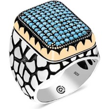 Gumush Hk Gümüş Erkek Yüzük Turkuaz Zirkon Taşlı Kare |Gümüş Takı Hediyelik Ürünler