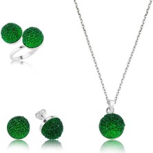 Gumush Hk Gümüş Kadın Set Yeşil Kristal |Gümüş Takı Hediyelik Ürünler