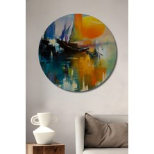 Teona Ahşap Batan Güneş Yelkenleri Yağlı Boya Görünümlü Modern Sanat Dekoratif Ahşap Tablo Yuvarlak Tablo