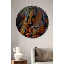 Teona Ahşap Keman Gitar Kadeh Gül Yağlı Boya Görünümlü Soyut Sanat Ahşap Dekoratif Tablo Yuvarlak Tablo
