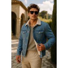 Comstar Mavi Erkek Kışlık Premium İçi Kürk Denim Ceket Slim Fit Uzun Kol Düğmeli