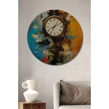 Teona Ahşap Modern Sanat Yağlı Boya Görünümlü Saat Ahşap Dekoratif Tablo Yuvarlak Tablo