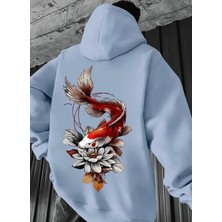 Amor Man Büyük Beden Özel Tasarım Kapüşonlu Koi Balığı Sırt Baskılı %100 Pamuk Oversize Erkek Sweatshırt