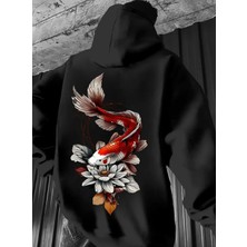Amor Man Büyük Beden Özel Tasarım Kapüşonlu Koi Balığı Sırt Baskılı %100 Pamuk Oversize Erkek Sweatshırt