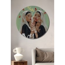 Teona Ahşap Günahkar Rahibeler Modern Sanat Yağlı Boya Görünümlü Ahşap Dekoratif Tablo Yuvarlak Tablo