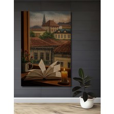 Teona Ahşap Yağlı Boya Görünümlü Ahşap Tablo Pencereden Şehir Manzarası ve Kitap Işığı Modern Sanat