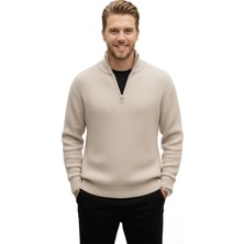 DeepSEA Erkek Bej Yarım Fermuarlı Oversize Kesim Triko Kazak – Yumuşak Dokulu Örgü Kazak 2608511