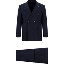 Abdullah Kiğılı Keten Çizgili Kruvaze Takım Elbise 48 Beden Erkek Dış Giyim Koyu Lacivert Standart Kesim