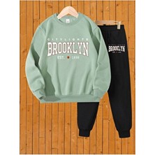 Lepold 3 Iplik Üst Mint Alt Siyah Brooklyn Baskılı Kız/erkek Oversize Sweatsihrt & Eşofman Takım