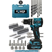 Power Black 21V Darbeli Şarjlı Matkap Vidalama Mavi 84 Parça Kömürsüz Motor ve Çelik Mandren