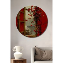 Teona Ahşap Kırmızı Duvarlı Pencereden Yağlı Boya Görünümlü Ahşap Dekoratif Tablo Yuvarlak Tablo