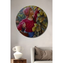 Teona Ahşap Üzüm Toplayan Kız Yağlı Boya Görünümlü Klasik Sanat Ahşap Dekoratif Tablo Yuvarlak Tablo