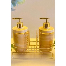 Makri Home 2 Li Sıvı Sabunluk Seti Altın Renk Detaylı, Süngerlikli ve Stantlı