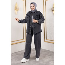 Tesettür Dünyası More Denim Takım Kadın Antrasit Regular Fit Düğmeli Yaka Tasarım