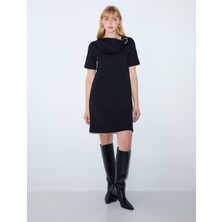 Jimmy Key Siyah Degaje Yaka Kısa Kollu Örme Mini Elbise