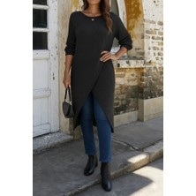 Giyimodam Kadın Uzun Kollu Bisiklet Yakalı Önden Çapraz Kesim Detaylı Midi Triko Elbise