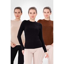 Yade Fashion Kadın Uzun Kollu Body Seti Düz Kumaşlı 3'lü Kahverengi Ekru Siyah