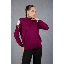 Kadın Mürdüm Elit Viskon Kumaş Taş Detaylı Omuzlar Yarım Balıkçı Yaka Triko Bluz