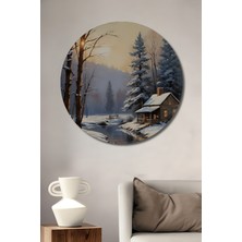 Teona Ahşap Sıcak Yuvalı Karlı Manzara Yağlı Boya Görünümlü Ahşap Dekoratif Tablo Yuvarlak Tablo