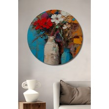 Teona Ahşap Canlı Çiçek Buketi Yağlı Boya Görünümlü Ahşap Dekoratif Tablo Yuvarlak Tablo