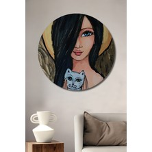 Teona Ahşap Peri ve Kedi Yağlı Boya Görünümlü Modern Sanat Ahşap Dekoratif Tablo Yuvarlak Tablo