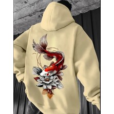 Amor Man Büyük Beden Özel Tasarım Kapüşonlu Koi Balığı Sırt Baskılı %100 Pamuk Oversize Erkek Sweatshırt
