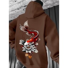 Amor Man Büyük Beden Özel Tasarım Kapüşonlu Koi Balığı Sırt Baskılı %100 Pamuk Oversize Erkek Sweatshırt