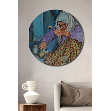 Teona Ahşap Yemeni Desenli Yağlı Boya Görünümlü Vintage Türk Kahvesi Hazırlayan Yaşlı Kadın Ahşap Tablo